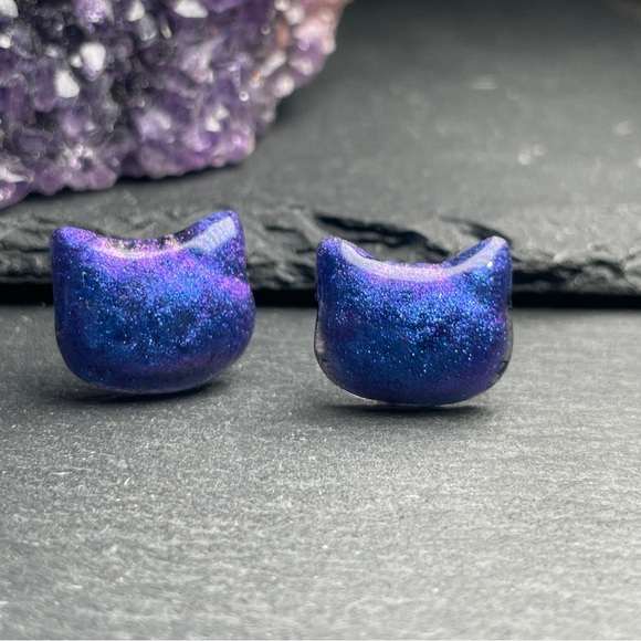 Custom Purple and Blue Sparkling Cat Hand Crafted Stud Post Earrings - Picture 2 of 10